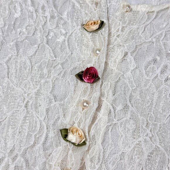 Vintage 90s Lace Midi Dress Sz.M Ivory Pleated Sheer Prairie Cottage Romantic - Picture 6 of 15